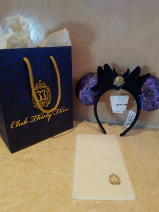 Disney Club 33 Minnie Mouse Ears Haunted Mansion 50th With Napkin & Bag