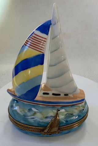 Limoges France Trinket Box - Sailboat - Flag - Hand Painted - Peint Main