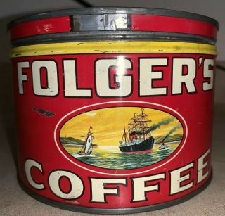 Vintage 1959 Folger ' s Coffee One Pound Tin Key Open Metal Can - Empty With Lid 3