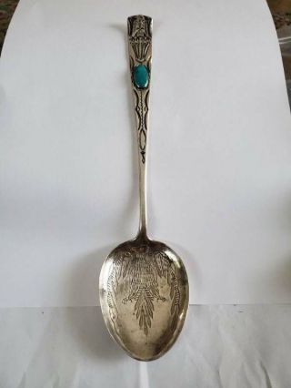 Vintage Fred Harvey Sterling Silver Turquoise Large Serving Spoon