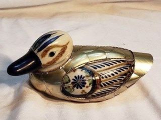 Vintage Folk Art Brass And Ceramic Duck 8”