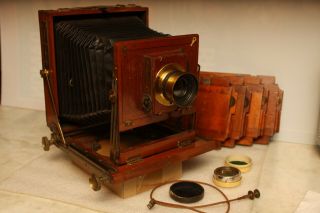 Vintage 5 X 7 Wood Frame Camera W/ Case And 4 Frames