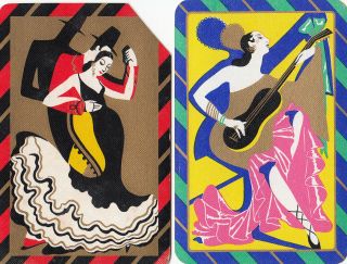 2 Playing Swap Cards Vintage Art Deco Spanish Couple Dancing Lady Guitar H/bone