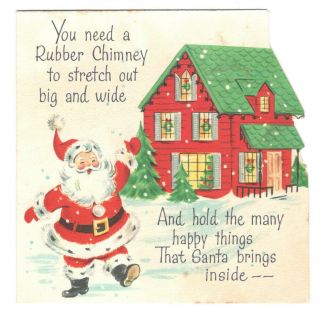 Vintage Christmas Greeting Card Santa Claus Lighted Red House 1950 
