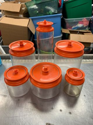 Vintage Retro Tupperware Clear Acrylic Orange Push Button Top Cannister Set Of 5