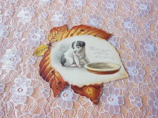 Victorian Christmas Card/cut - Out Leaf Shaped With Dog