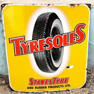 Vintage Enamel Sign Board Tyresoles Stanes Tyre Automobilia Collectable 1930s