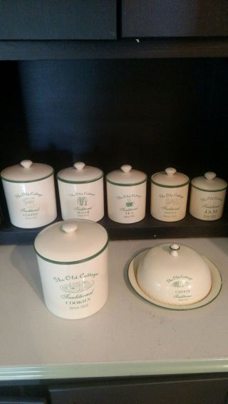 Cream And Green Enamelware Canister Set And Cheese Bowl Cookie The Old Cottage