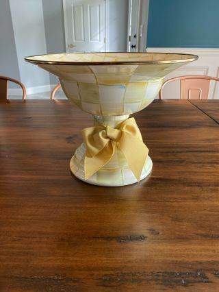 Mackenzie - Childs Parchment Check Enamel Compote - Large 9” Tall 12” Diameter