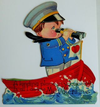 Vintage Mechanical Valentine Card Boy On Boat 6 7/8 " X 6 "