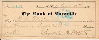 Vacaville Ca The Bank Of Vacaville Check 1902