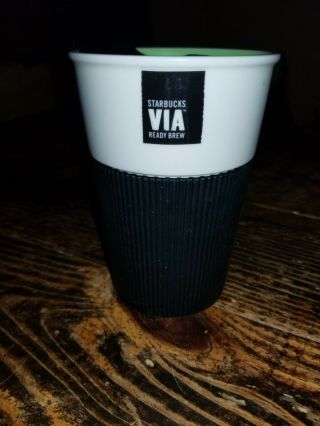 Starbucks Black/green Via Ready Brew Ceramic Travel Mug 2011 8 Oz