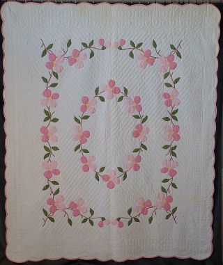 Gift Romantic Cottage Vintage Pink & White Dogwood Applique Quilt 89x75 "