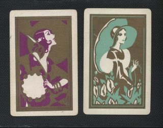 Vintage Pair Art Deco Swap/playing Cards Cute Ladies Hat Umbrella Aqua Pink Gold
