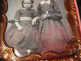 1850 ' s 1/6th Plate Daguerreotype of Sisters w Matching Dresses 3