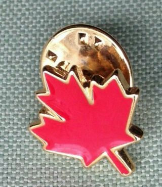 Vintage Canada Red Maple Leaf Lapel Pin Gold Tone Trim Tie Tack