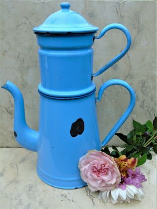 Vintage French Enamel Coffee Pot Biggin Goose Neck Spout Blue Enamel Xxl 14.  5 "