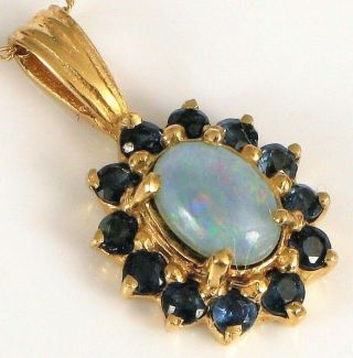 Vintage Designer Signed 14k Yellow Gold Opal & Sapphire Halo Pendant Necklace