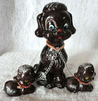Vintage Dog Figurines Poodle Mother And Pups On Chain Made In Japan
