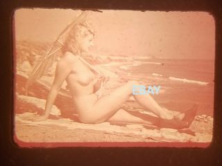 Nude 35mm Transparency Slide Woman With Umbrella Beach Vintage 1950 