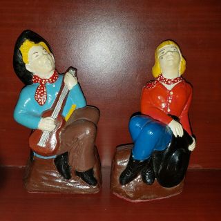 Tex Chalkware Singing Cowboy With Guitar & Cowgirl Figures Bookends?