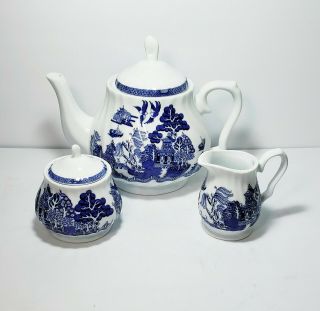Royal Cuthbertson Blue Willow Teapot Creamer And Sugar Set Blue White