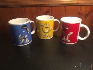 Htf Rare M&m`s Coffee Mugs Cups Set Of 3 - Yellow / Blue / Red/ Fun Gift 2002