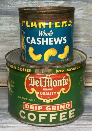 Vtg ‘40s Advertising “del Monte,  Planters” Key - Wind Coffee Cashew Tin Can Set 2