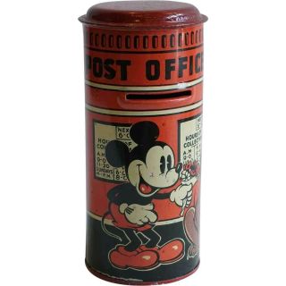 Vintage English Disney Mickey Mouse Happynak Tin Litho Toy Post Office Bank 1935
