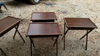Vintage Set Of Four Folding Tv Trays Wooden With Stand.