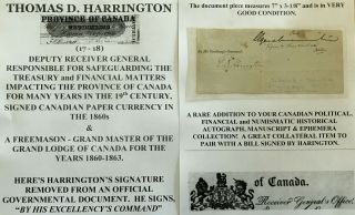 1860s Deputy Receiver General Canada Treasury Freemason Currency Document Signed