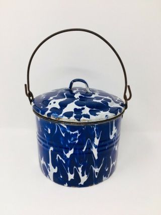 Cobalt Blue And White Swirl Enamelware Berry Bucket Graniteware