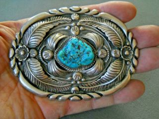 Vintage Native American Turquoise Nugget Sterling Silver Belt Buckle M Chee