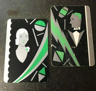 Vintage Pair Art Deco Swap/playing Cards Silhouette Woman Man Silver Black Green