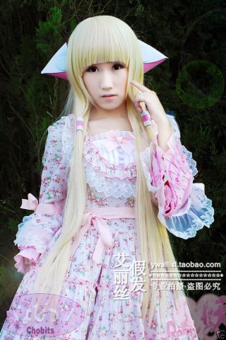 Chobits Chii Blonde Light Gold Straight 100cm Anime Cosplay Wig,  Ears,  Wig Cap