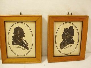 George & Martha Washington Vtg Black Silhouette Wooden Wood Framed Portraits