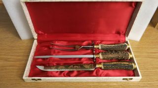 Vintage Anton Wingen Jr Othello Rostfrei 3pc Carving Stag Horn Handle Knife Set