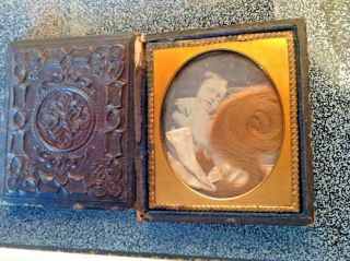 Post Mortem Baby Girl With Real Hair Lock And Ribbion Tin Type