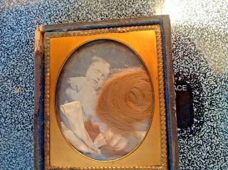 Post Mortem Baby Girl With Real Hair Lock And Ribbion Tin Type 2