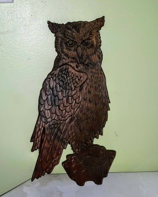 Hand Carved Wooden Owl Wall Plaque Art Hanging Vintage