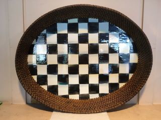 Mackenzie Childs Courtly Check Large Rattan & Enamel Serving Tray 12 X 15 "