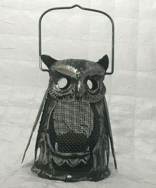 Vintage Owl Hanging Lantern Candle Votive Holder Black Silvertone Votive