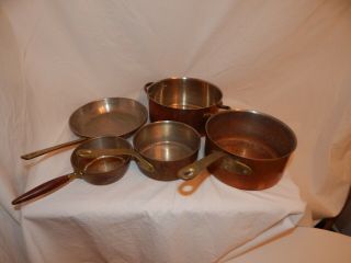 Vintage Set Of 3 Odi Solid Copper Pans Skillets Cooking Brass Handles Saute Pans