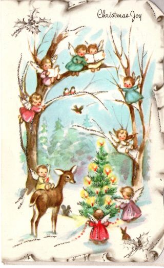 Vintage Christmas Card: Little Angels With Deer & Tree - Glitter