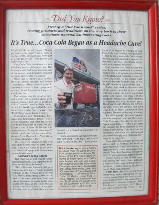 Coca Cola Framed Print Ad Did You Know Trivia Headache Cure Coke Story