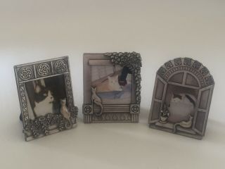 3 Miniature Pewter Picture Frames With Windowsill Cats And Flowers
