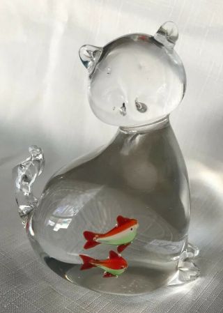 Norcrest Cat With Fish In Belly Figure Art Glass Clear /paperweight A Gift