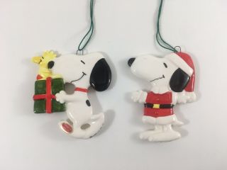 2 Vintage Peanuts Snoopy & Woodstock Ceramic Christmas Ornaments 1972 Japan