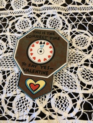 Vintage Greeting Card Valentine Clock Heart Face Gold