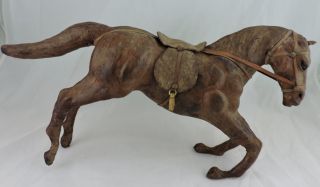 Vintage Paper Mache Horse Figurine Statue W/ Stirrups Saddle Glass Eyes B